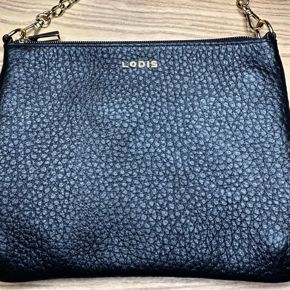 NEW Lodis Italian Black Pebbled Leather Emily Convertible Crossbody Bag Chain - Picture 4 of 7